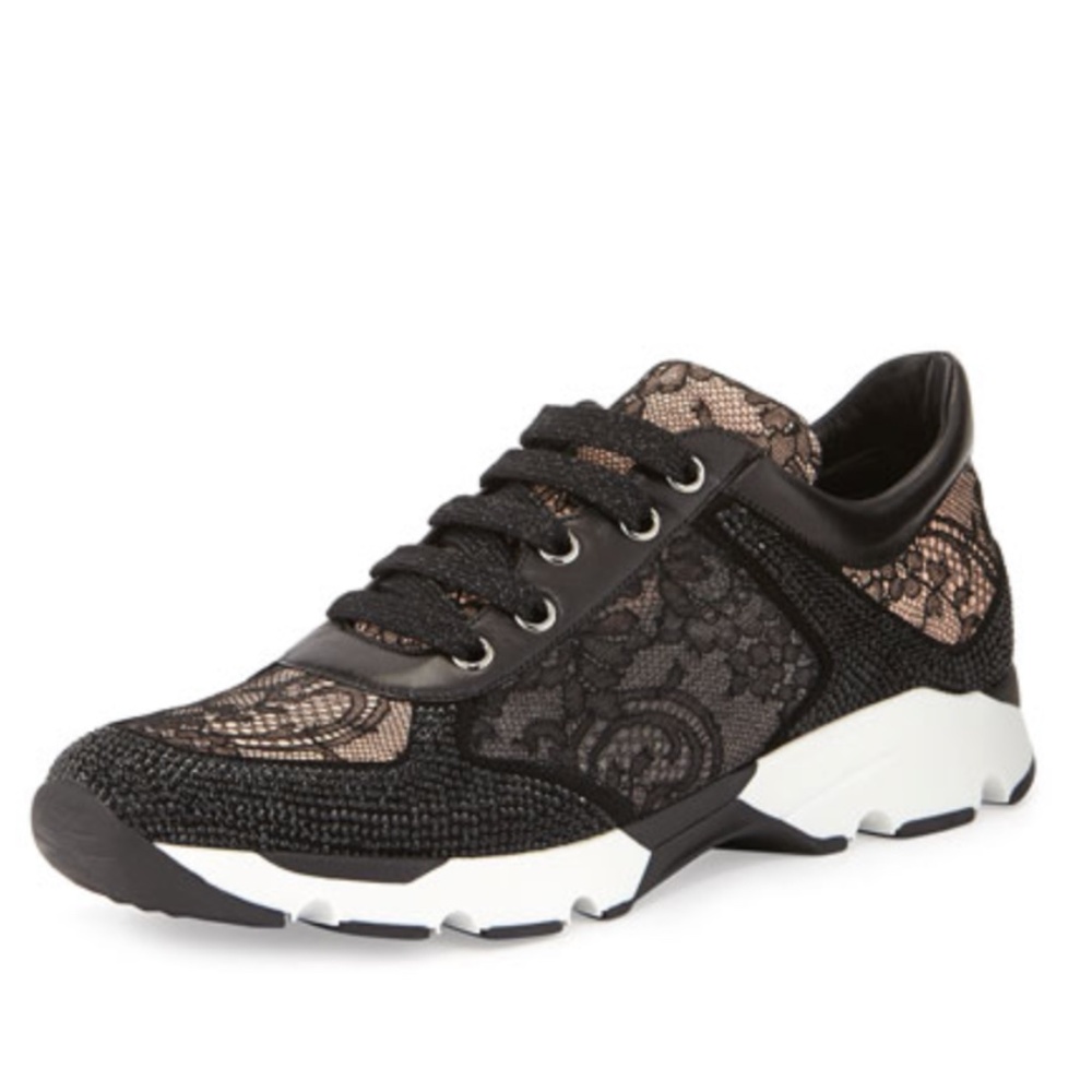 Rene Caovilla Black Lace Strass lace up sneakers